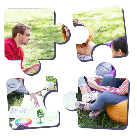 Agence de team building à Angers avec une équipe échangeant lors d’un atelier collaboratif en plein air pendant un événement d’entreprise